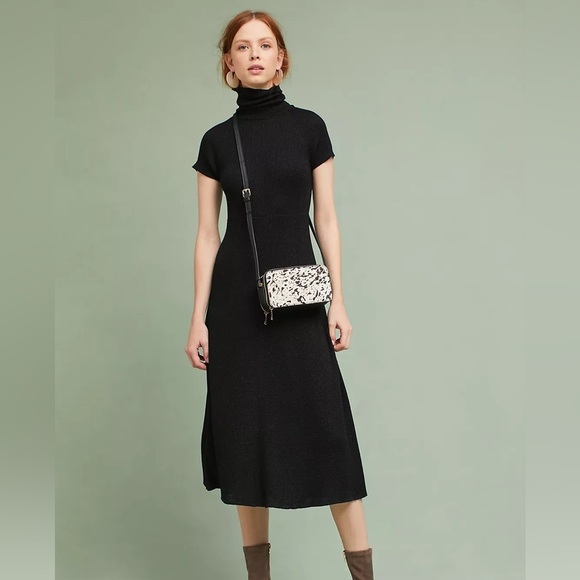 Anthropologie Maeve Samson Knitted Turtleneck Midi Dress Black Sparkle Size M - Picture 1 of 12